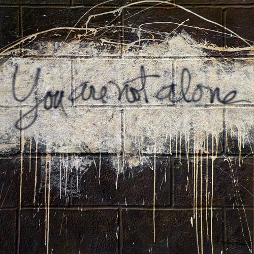 You are not alone, a narrative painting by international artist Nolan Haan, who creates faux cinderblock wall art in acrylic on silk paintings